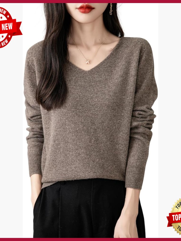 100% Merino Wool V-Neck Pullover Long Sleeve Seamless Knit Sweater